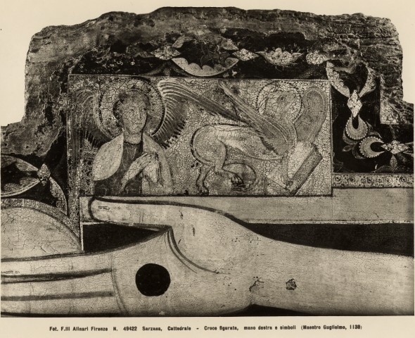 Alinari, Fratelli — Sarzana, Cattedrale - Croce figurata, mano destra e simboli (Maestro Guglielmo, 1138) — particolare